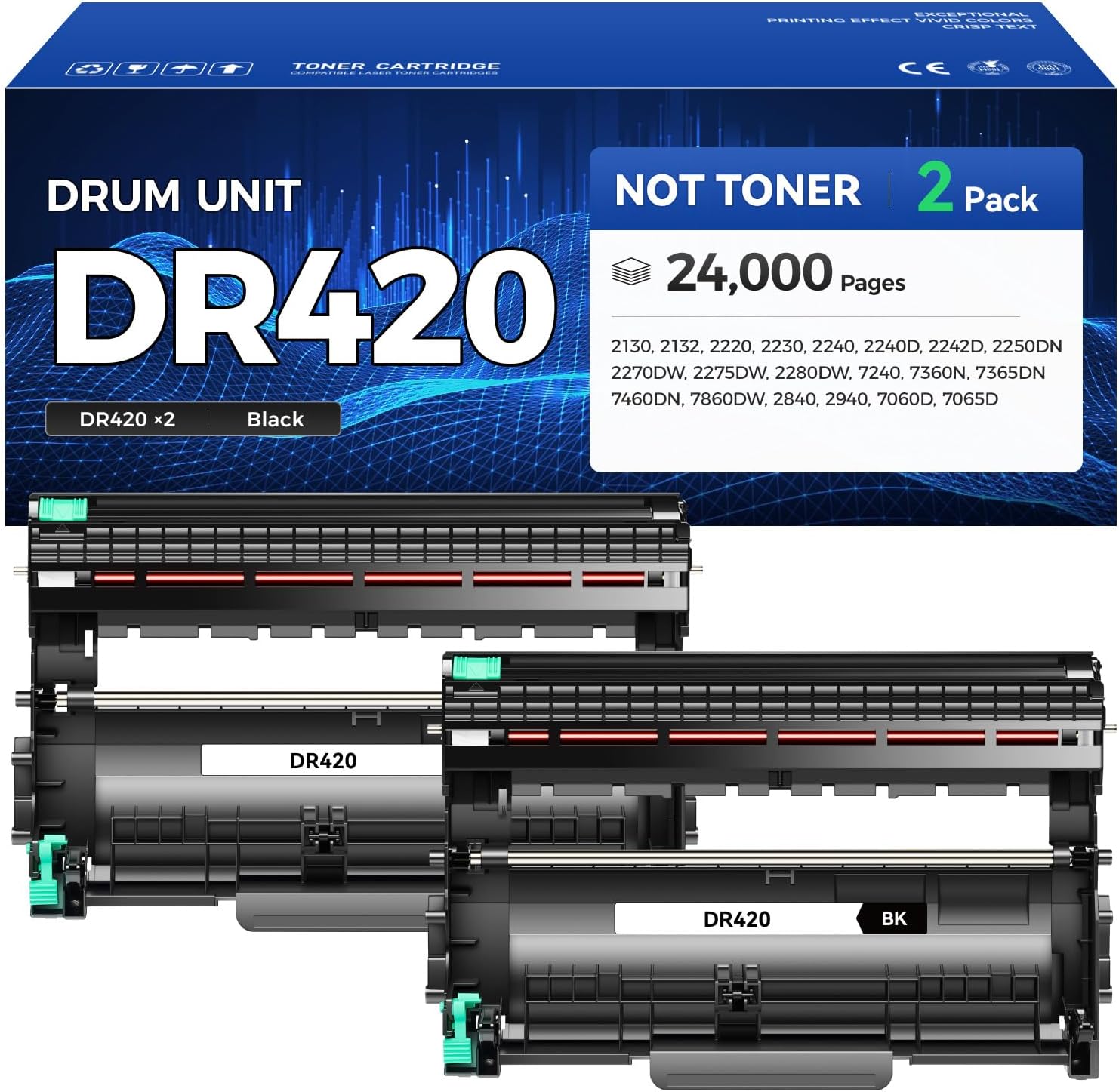 DR420 Drum Unit (Not Toner) 2-Pack Replacement for Brother DR-420 Imaging Drum Compatible HL-2270DW HL-2280DW HL-2230 MFC-7360N MFC-7860DW DCP-7065DN Intellifax 2840 2940 MFC-7240 HL-2240D Printer Ink