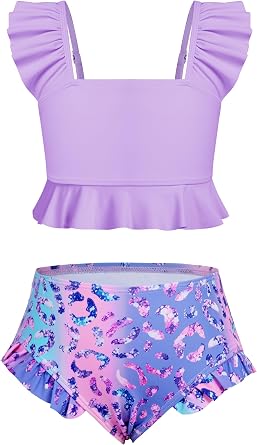 XiaoMoSha Girls Two Piece Swimsuits Ruffled Kid Bikini Sets Adjustable Straps Bathing Suits Toddler Beach Swimwear 3-12 Years