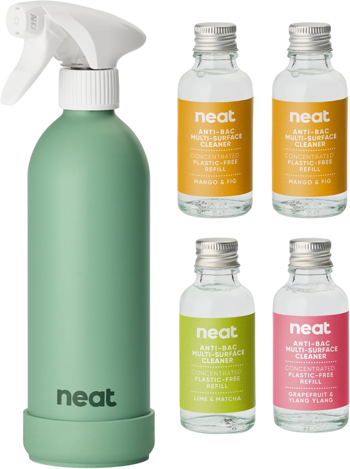 Neat Multi-Surface Antibacterial Cleaning Spray, 3 Scents – Natural Cleaning Solution for Home & Office, Pet Friendly, Plant Based, Reusable Sage Aluminium Bottle, 4x30ml Concentrate Bottles