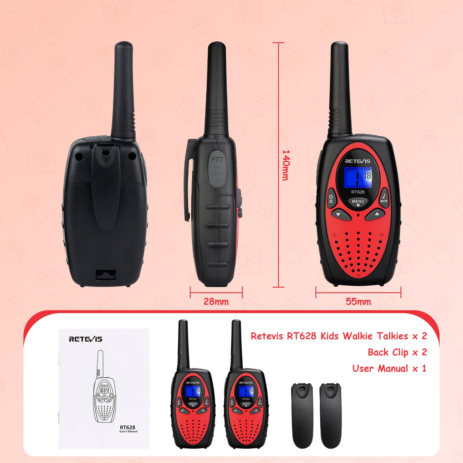 Retevis RT628 Kids Walkie Talkies PMR446 8 kanałów LCD VOX 10 dzwonków dla dzieci (4 szt., czerwone)