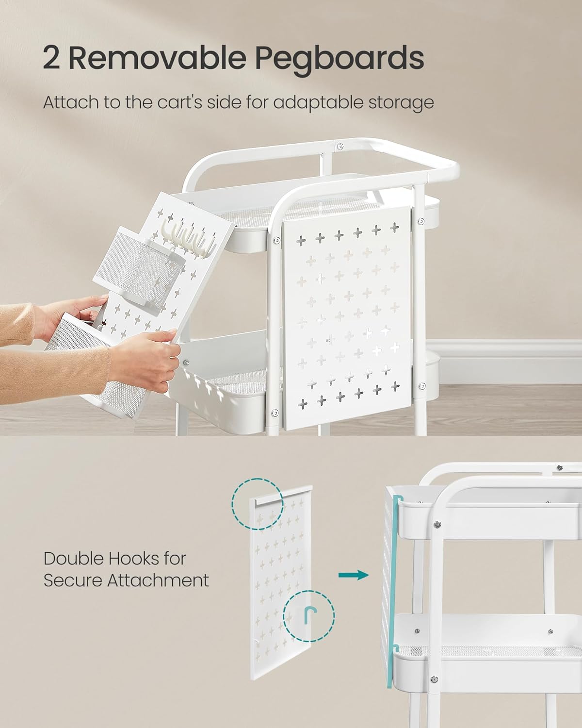 SONGMICS 3-Tier Storage Cart, Rolling Utility Cart, Metal Mesh Shelves, 2 Removable Pegboards, 2 Hanging Holders, 4 Hooks, Craft Cart for Living Room, Kitchen, Office, Bathroom, Cloud White ULRC037W01