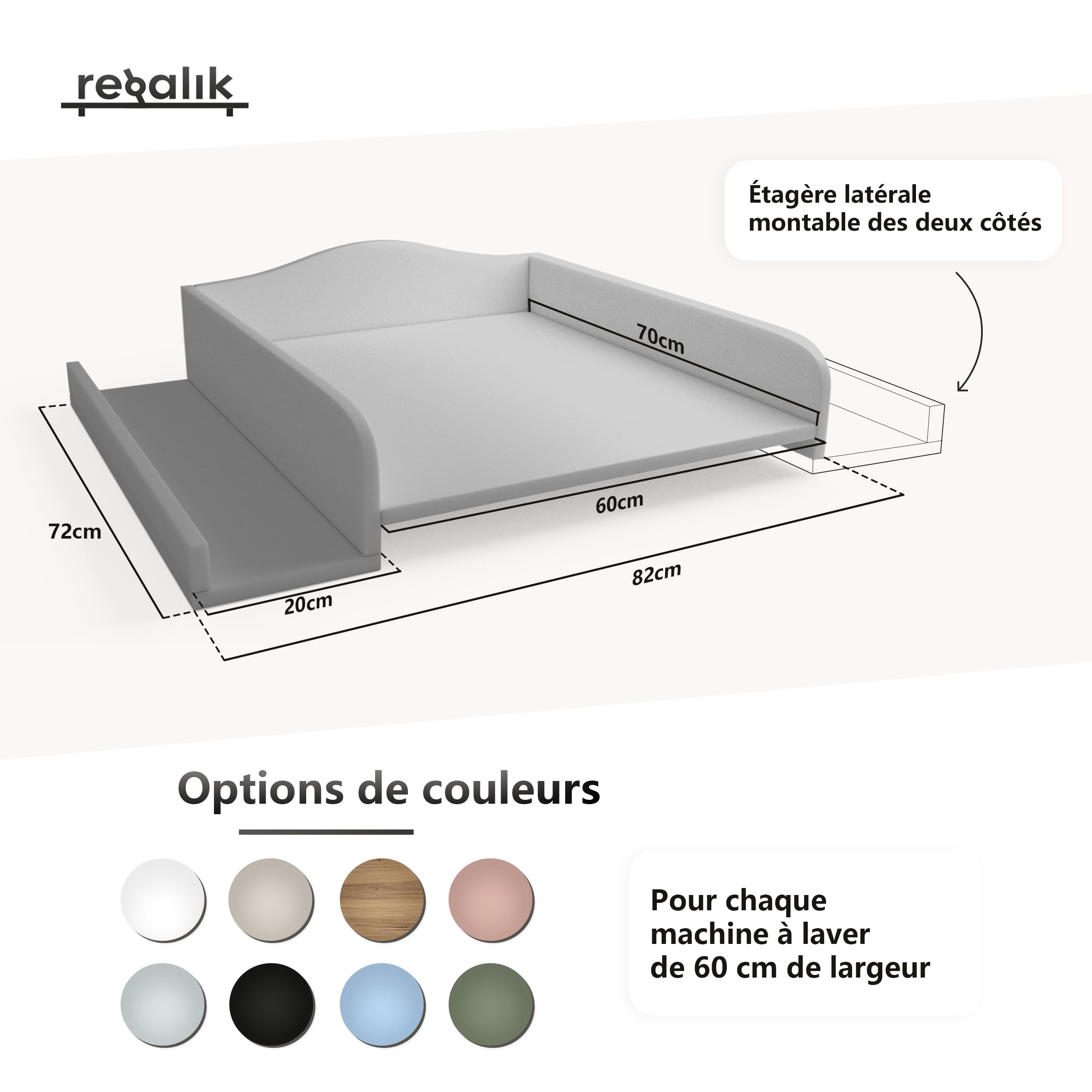Plan à langer pour machine à laver - Matelas à langer 60x70 cm - Panneau de bois laminé - Évoquer le chêne - 82x72x10 cm - Plan à langer sûr & peu encombrant