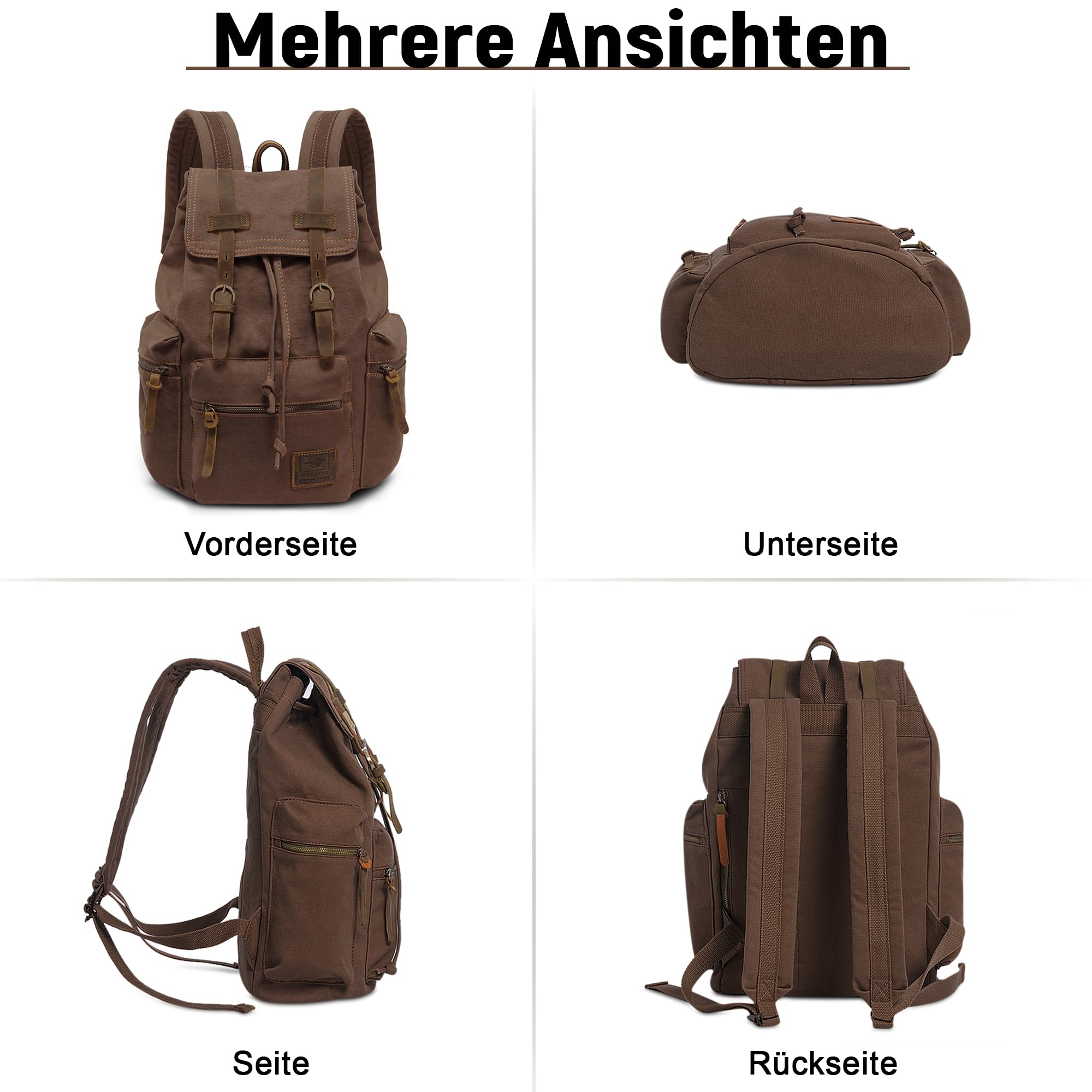 VARLIVOO Vintage Canvas Rucksack Herren mit Klappe 14 Zoll Laptop