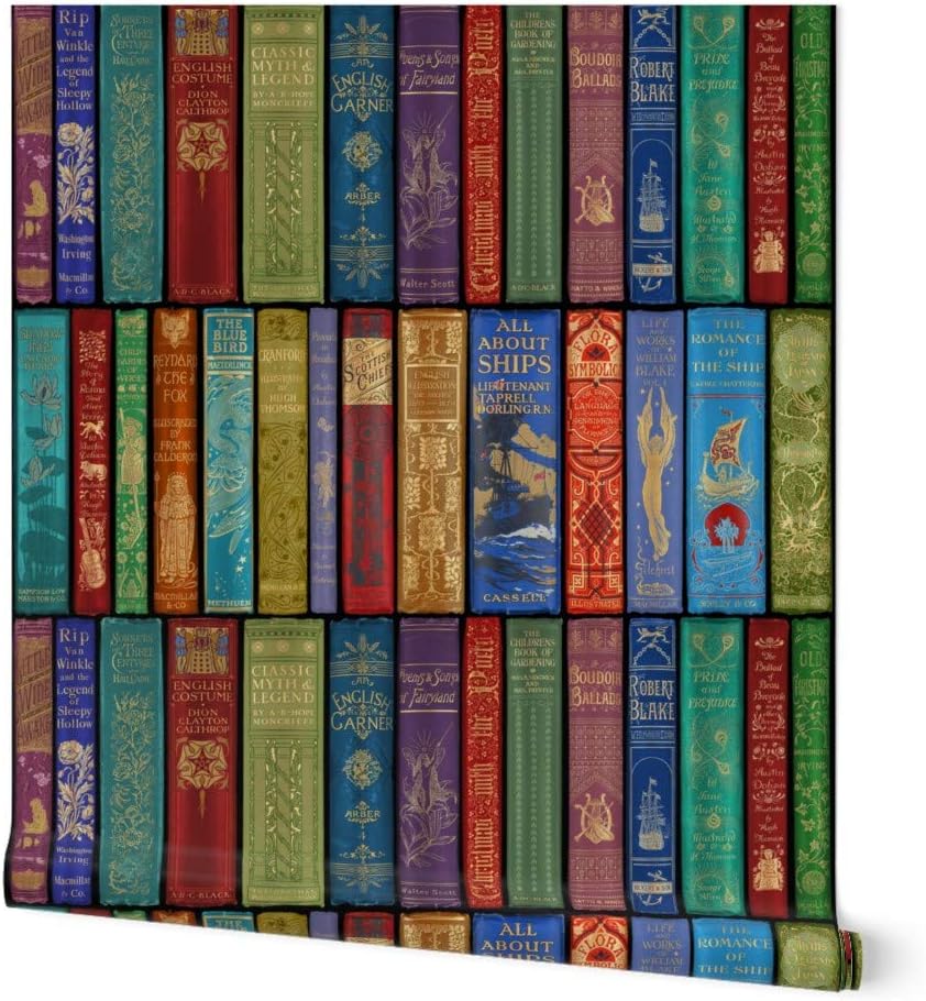Removable Wallpaper 3ft x 2ft - Library Bright Books Shelves Antique Vintage English Rainbow Custom Pre-Pasted Wallpaper by Spoonflower