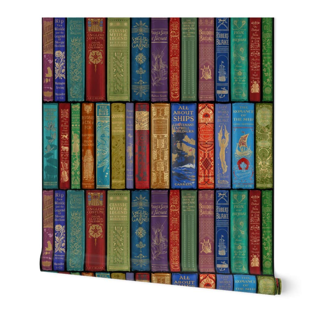 Removable Wallpaper Swatch - Library Bright Books Shelves Antique Vintage English Rainbow Custom Pre-Pasted Wallpaper by Spoonflower