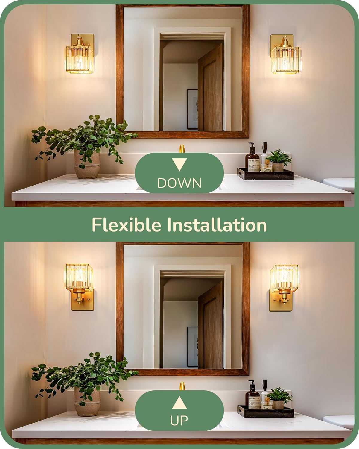 EDISHINE Hardwired Bathroom Vanity Light, Modern Bathroom Lighting Fixtures Over Mirror, Wall Sconces Set of Two with Crystal Shade, Bath Lamp for Living Room, Bedroom, Powder Room, E26 Base, Gold