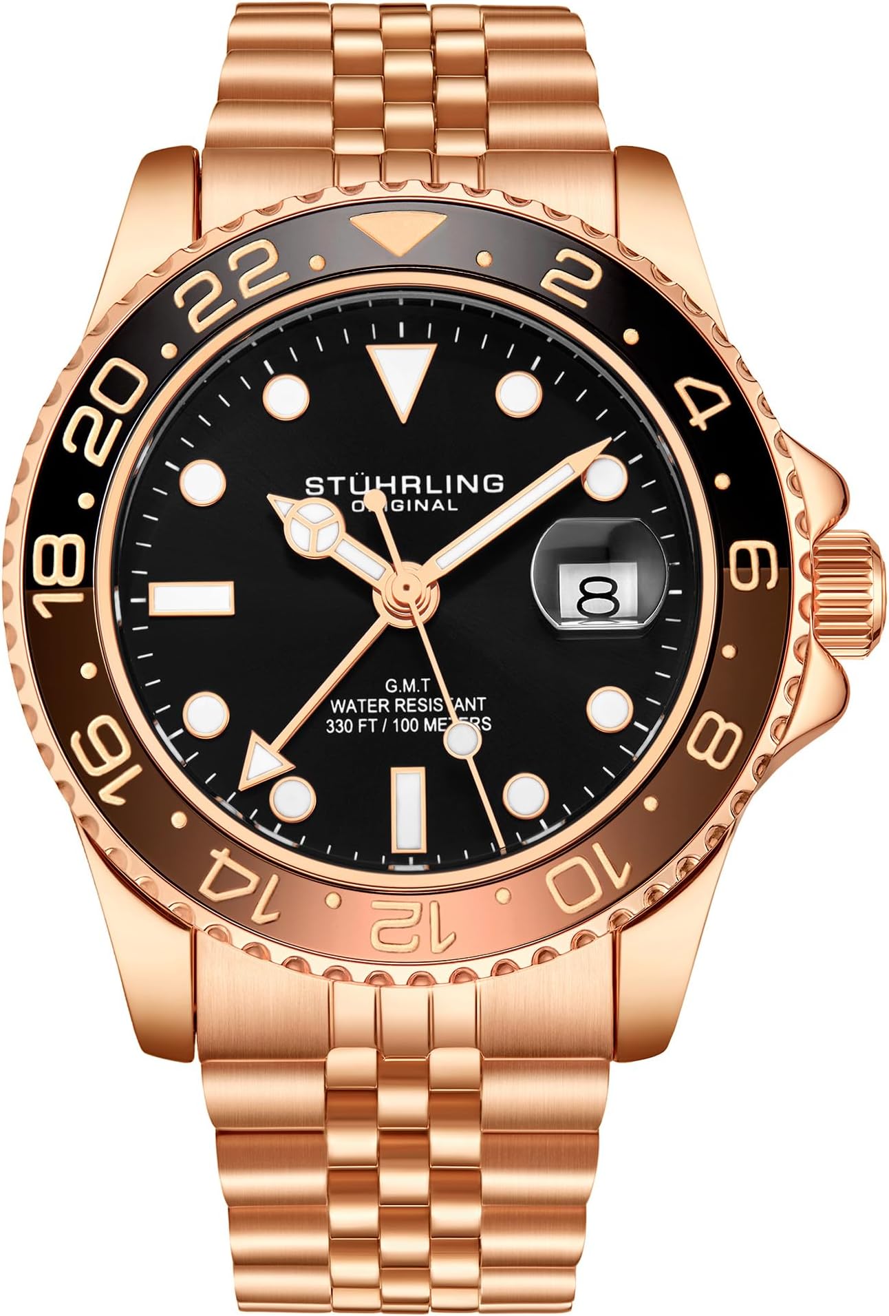 Stuhrling Original Mens Stainless Steel Jubilee Bracelet GMT Watch - Swiss Quartz, Dual Time, Quickset Date with Screw Down Crown, Water Resistant up to 10 ATM