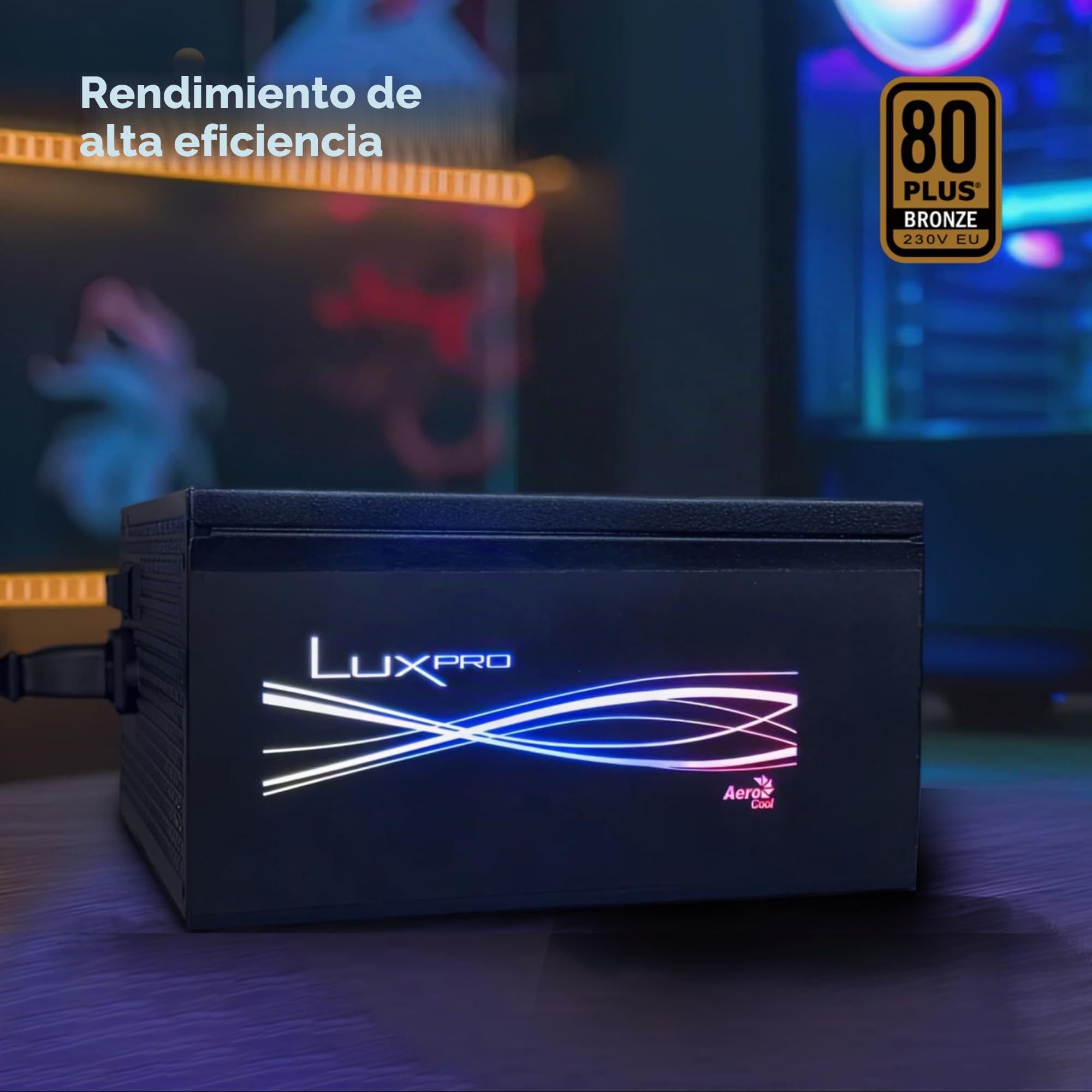 Aerocool LUXPRORGB850M, Fuente Alimentación Semi-Modular RGB 850W, 80Plus Bronze +88%, Condensadores Japoneses, Ventilador APFC 14cm FDB, ATX 3.0 y PCIe 5.0, Compatible ARGB, 5 Años Garantía, Negro