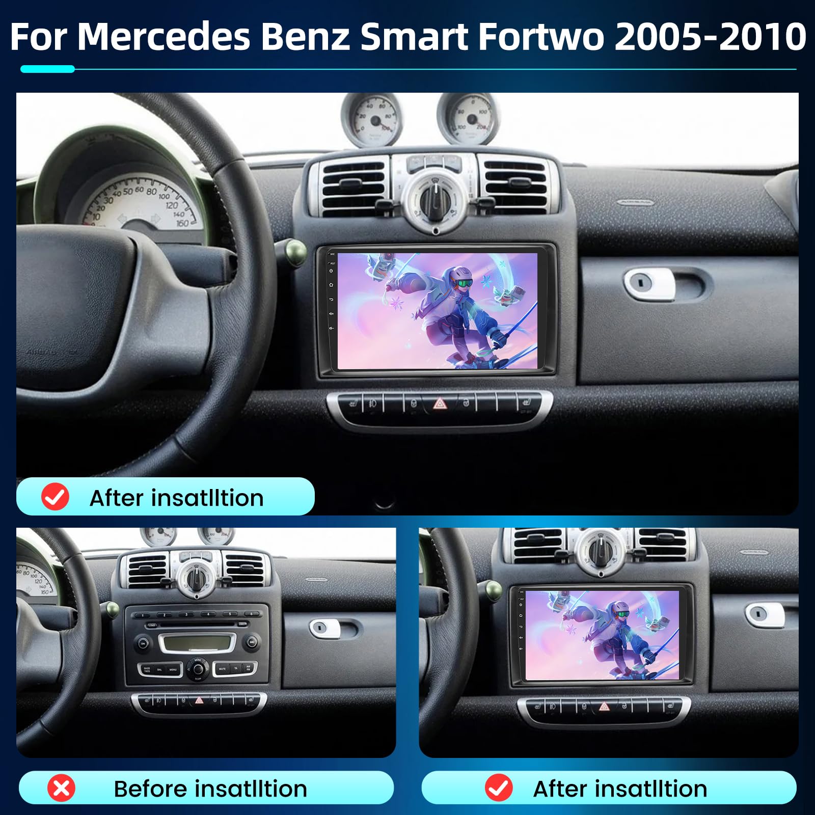 NHOPEEW 4+64G Radio Voiture pour Mercedes Benz Smart Fortwo 2005-2010 - Radio Android 9 Pouces avec sans Fil Carplay et Android Auto - Mirror Link 32EQ DSP Écran Divisé + Caméra de Recul & Microphone