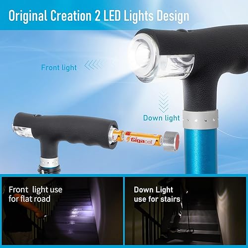 Miniatura 7 de BeneCane Bastón cuádruple con dos luces LED con base grande y mango en T ligero y ajustable, cuatro puntas, resistente para hombres y mujeres (negro