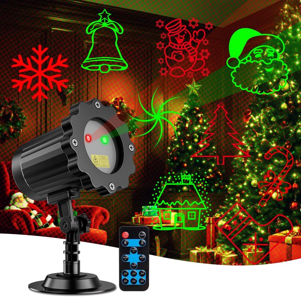 Christmas Laser Lights, Red Green Holiday Patterns Laser Light Projector with Rf Remote, Waterproof, Indoor Outdoor Decoration, Including Christmas Gift, Party, Gardens, Ceiling, Patio, Wall, Floor