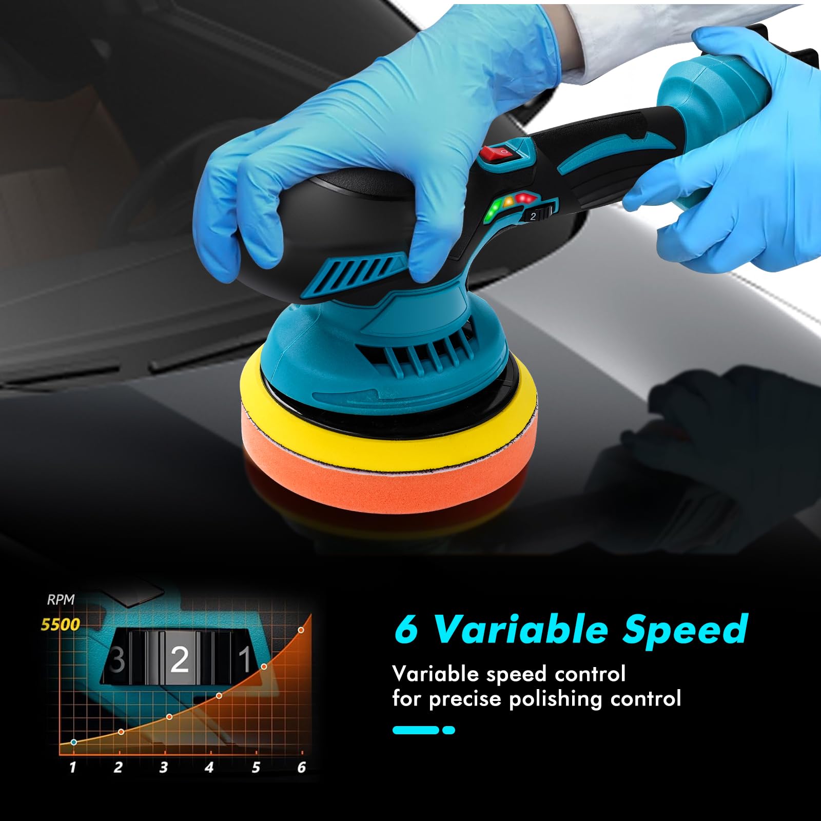 Lucidatrice Auto a Batteria, 2x21V 1500mAh 2800-5500RPM 6 Velocità lucidatrice per auto con Set Accessori per Auto Legno Metallo