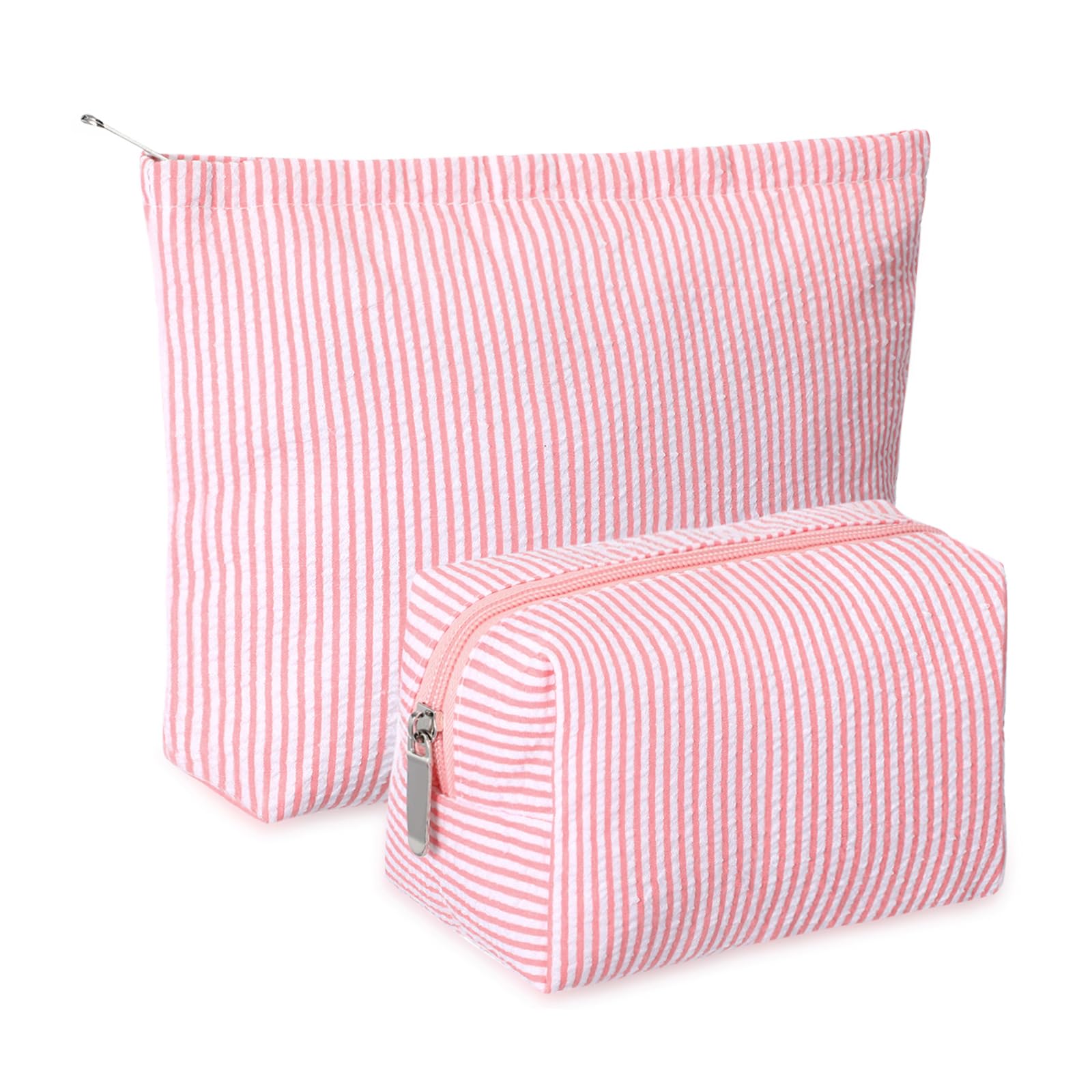 Huhumy 2 Pcs Makeup Bag Set Cute Cosmetic Pouch for Women Seersucker Travel Toiletry Bag Preppy Small Makeup Purse Pouch Aesthetic Skincare Brushes