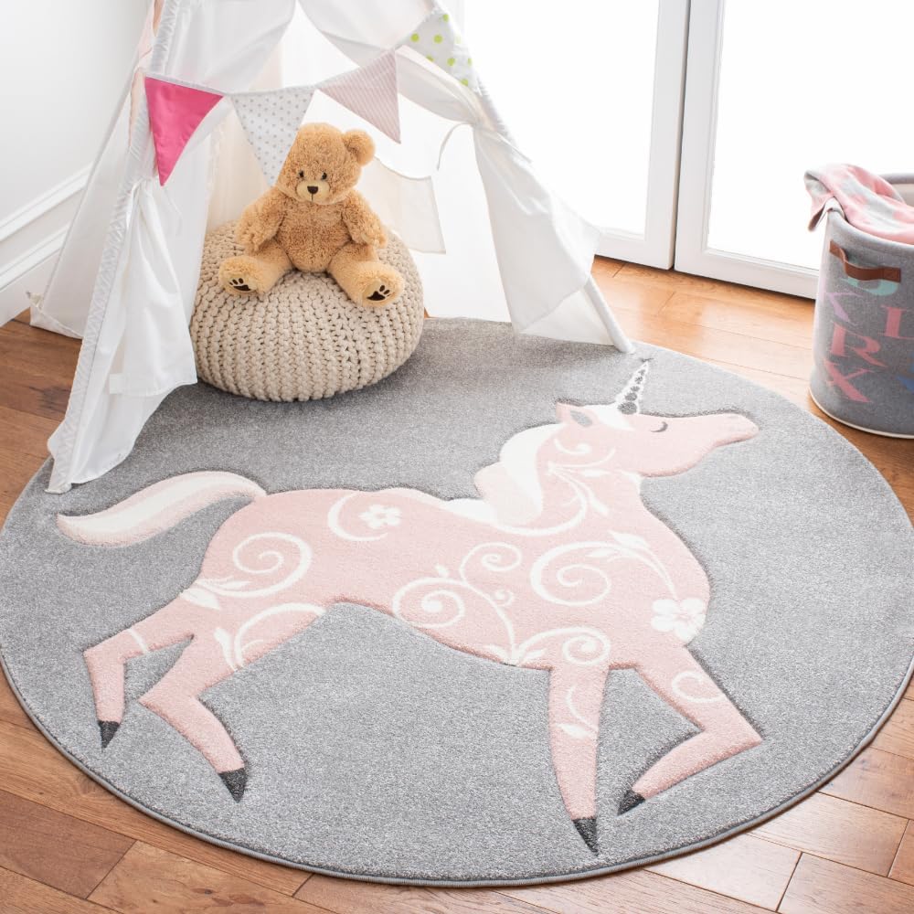 SAFAVIEH Carousel Kids Collection Area Rug - 5'3" Round, Grey & Pink, Non-Shedding & Easy Care, Ideal for High Traffic Areas for Boys & Girls in Playroom, Nursery, Bedroom (CRK163F)