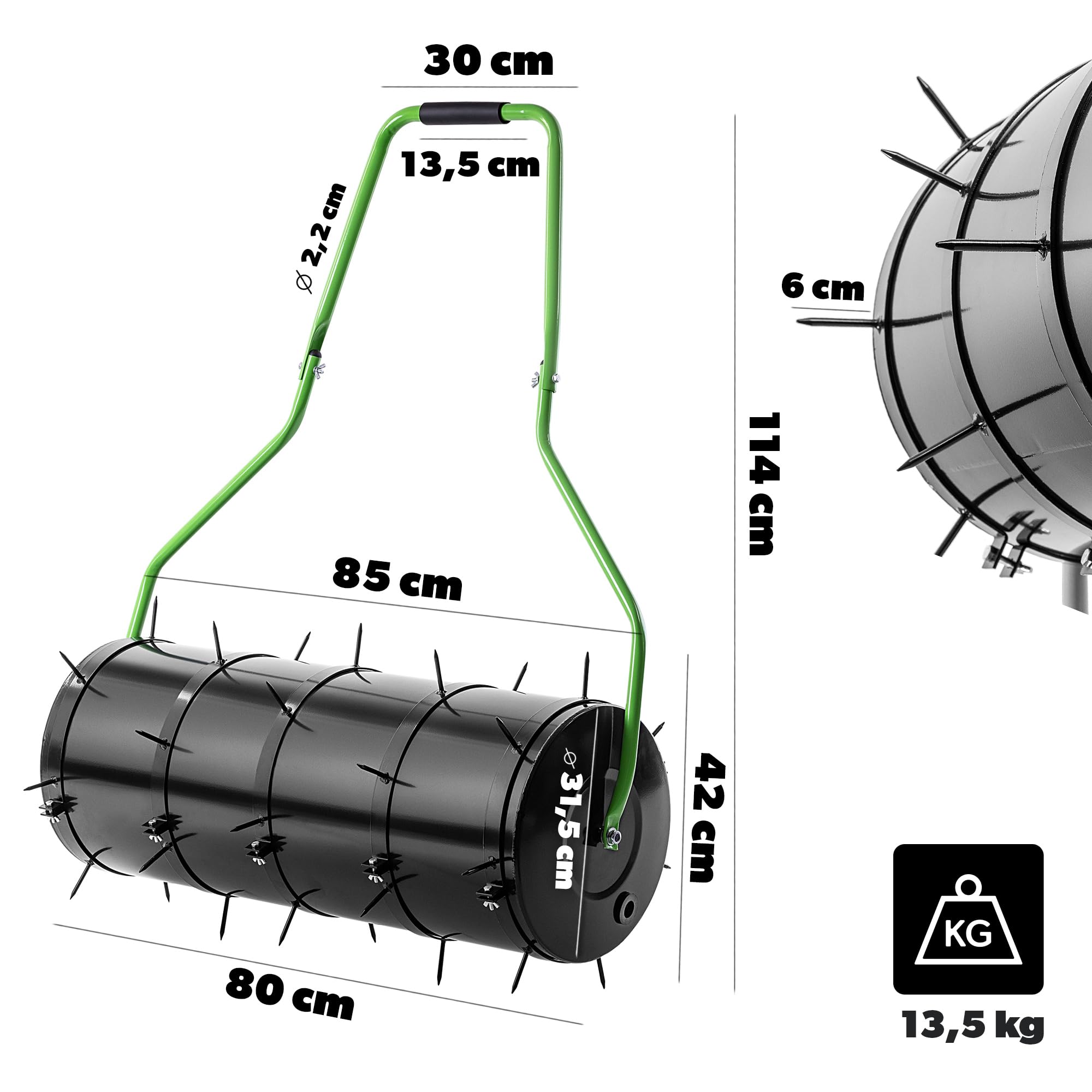 KADAX Rasenlüfter Walze 80 cm, Befüllbar mit Wasser oder Sand, Rasenwalze mit 6 cm Nägeln, Rasenbelüfter aus Stahl, Gartenwalze mit Spikes zur effektiven Rasenbelüftung