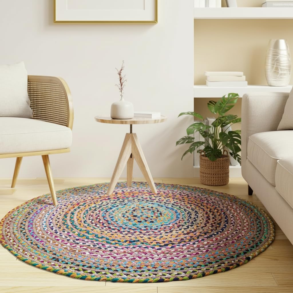 Craft Trade Round Chindi Jute Area Rug Braided Hand Woven Boho Rag Rug Reversible Colorful Home Decor Farmhouse Carpet Rug for Kitchen Living Room and Bedroom - Round 180x180 cm — image 1