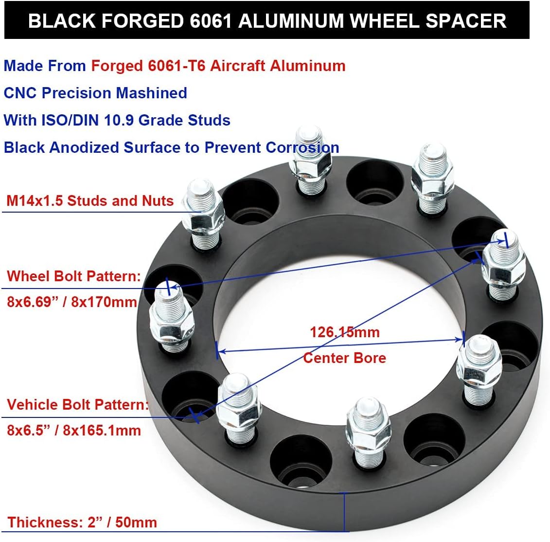 VLAOSCHI Black Forged 8x6.5 to 8x170 Wheel Adapters 2 Inch with 14x1.5 Studs Compatible with Chevrolet GMC 8 Lug for 1999-2010 Silverado Sierra 2500 3500 HD | 2014-2022 R-A-M 2500 3500 - Pack of 2