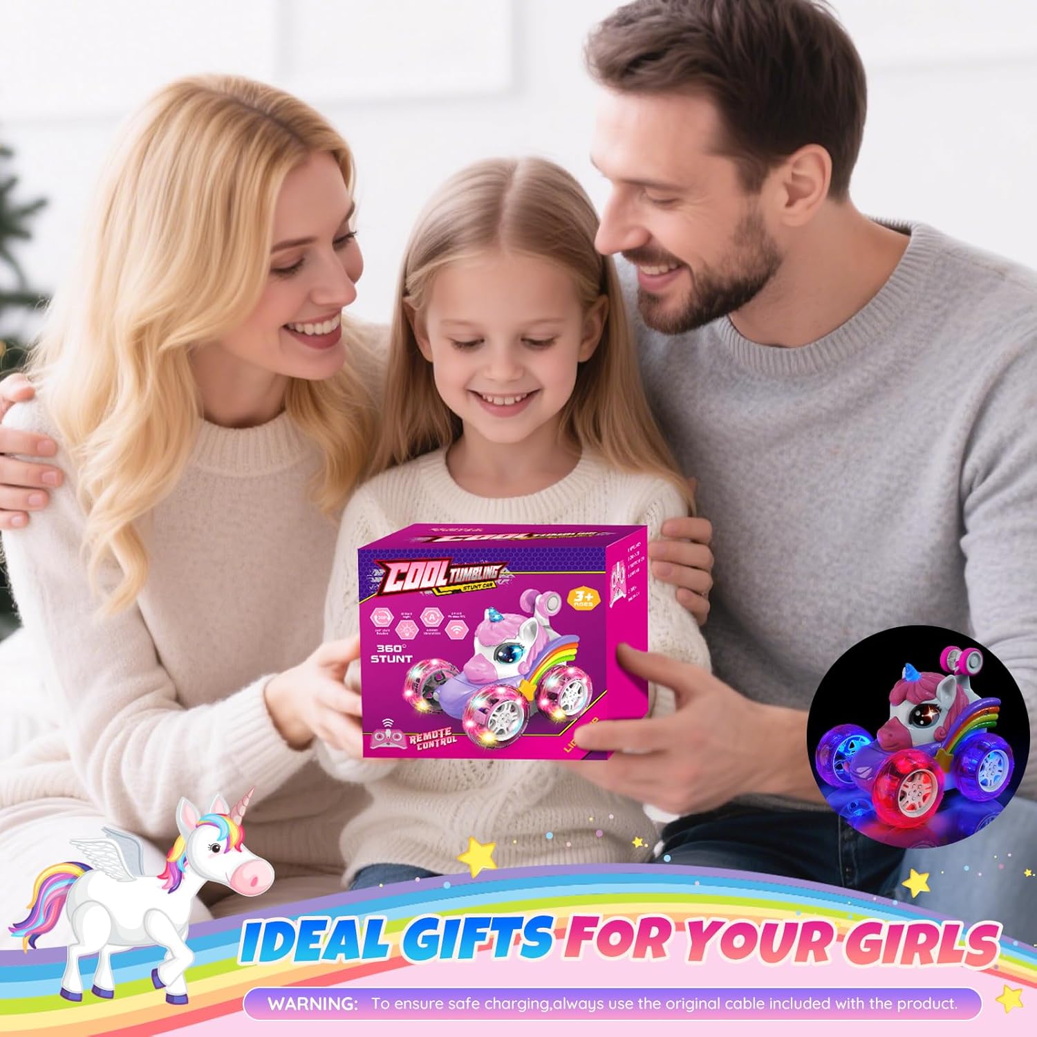 Unicorn Remote Control Car Toys for Girl - 360° Rotating Pink RC Stunt Cars 4WD Remote Cars for Kids, 2.4GHz Toy Car with LED Lights, Birthday Gift for 3 4 5 6 7 8 9 Year Old Girl