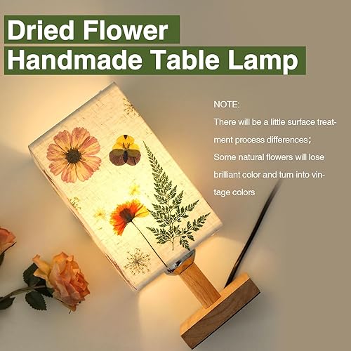 Miniatura 5 de Lámpara de mesa de flores secas 5W LED 3Color Temperaturas Pressed Flower Night Lamp Square Linen Shade con base de madera para dormitorio sala de
