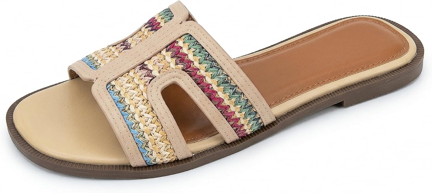 ISZPLUSH Women’s Flat Slide Sandals Cutout H-Band Summer Slides with Woven Raffia Detail and Faux Leather Trim Lightweight Open Toe Casual Beach Shoes