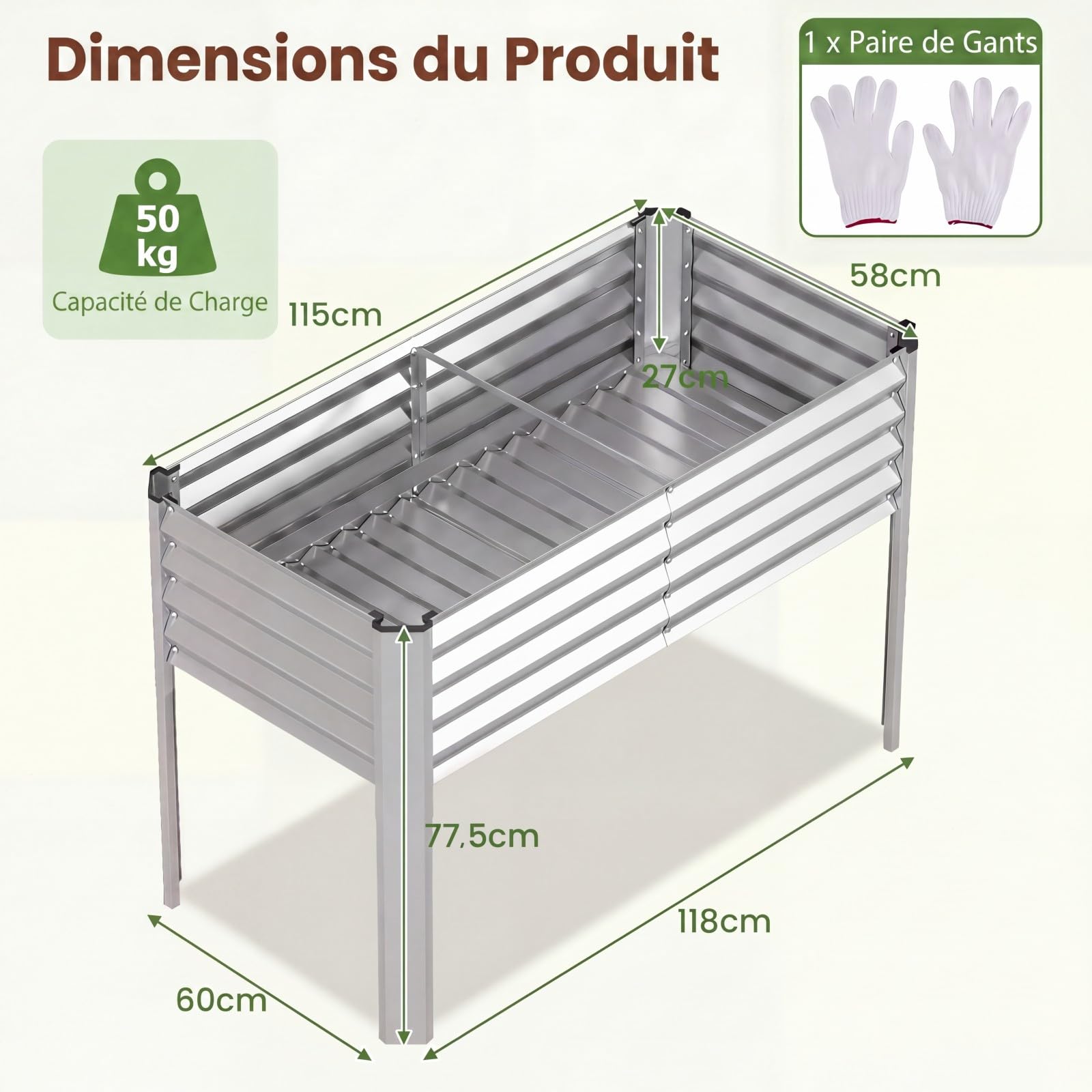 GOPLUS Jardiniere sur Pieds Surélevé en Métal, 118x60x77,5 CM, Carre Potager Rectangulaire Épais, Système de Drainage, Charge 50KG, Ergonomique, Potager sur Pieds pour Jardin, Terrasse (Argenté)
