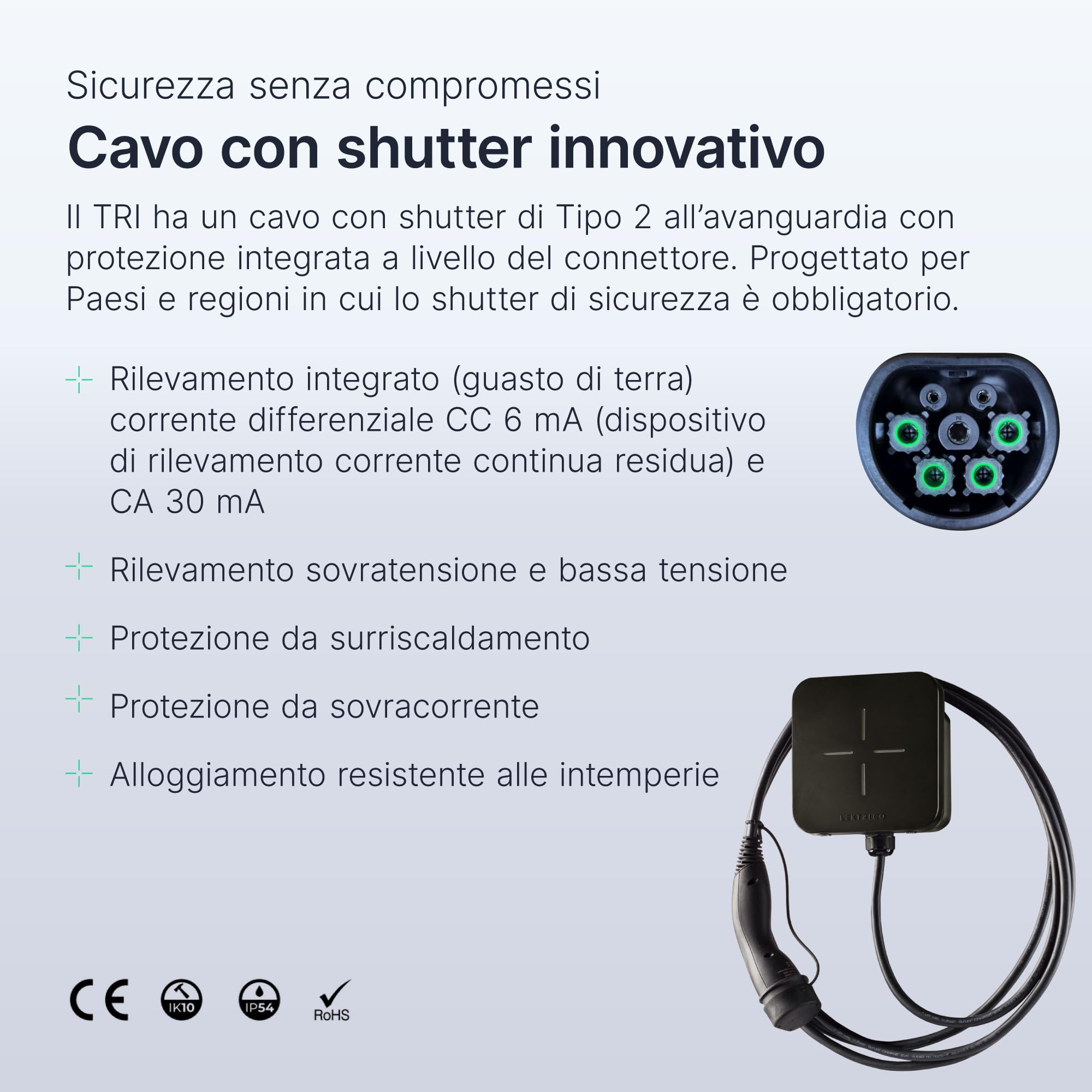 Stazione di ricarica domestica EV smart LEKTRI·CO: Wi-Fi, cavo Tipo 2 5m con shutter, 6A-32A, trifase, 22 kW, App mobile, per interni/esterni, IP54