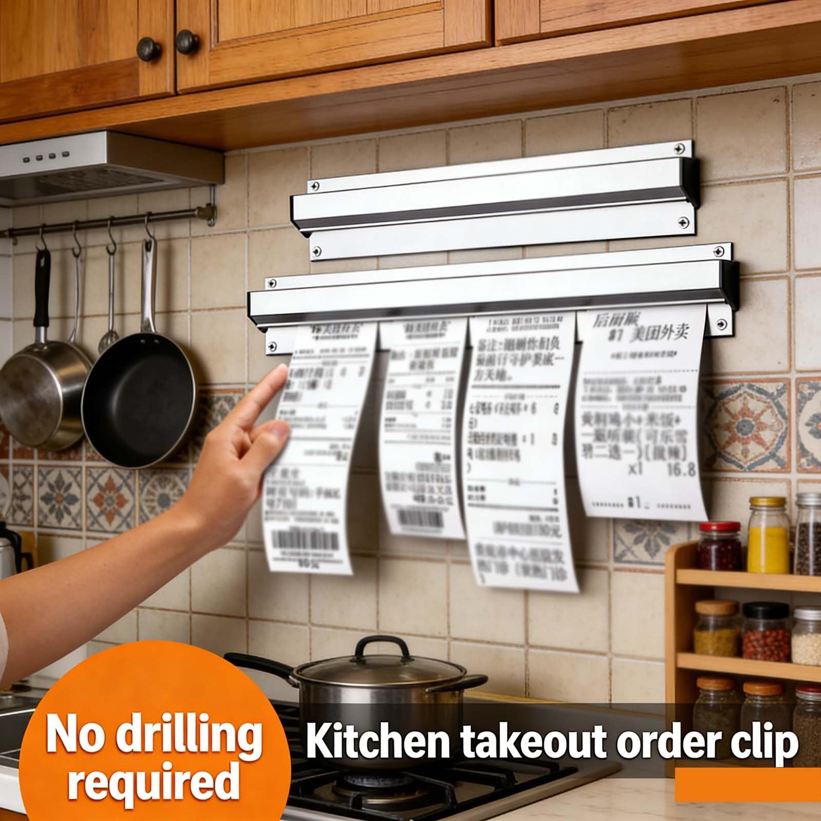 Gastronomie Bonhalter Bestellhalter Klemmleiste Zettelhalter für Hold Orders, Hergestellt aus einer Aluminiumlegierung, kein Bohren erforderlich, Küche Ticket, Notizleiste Selbstklebend.(60CM)