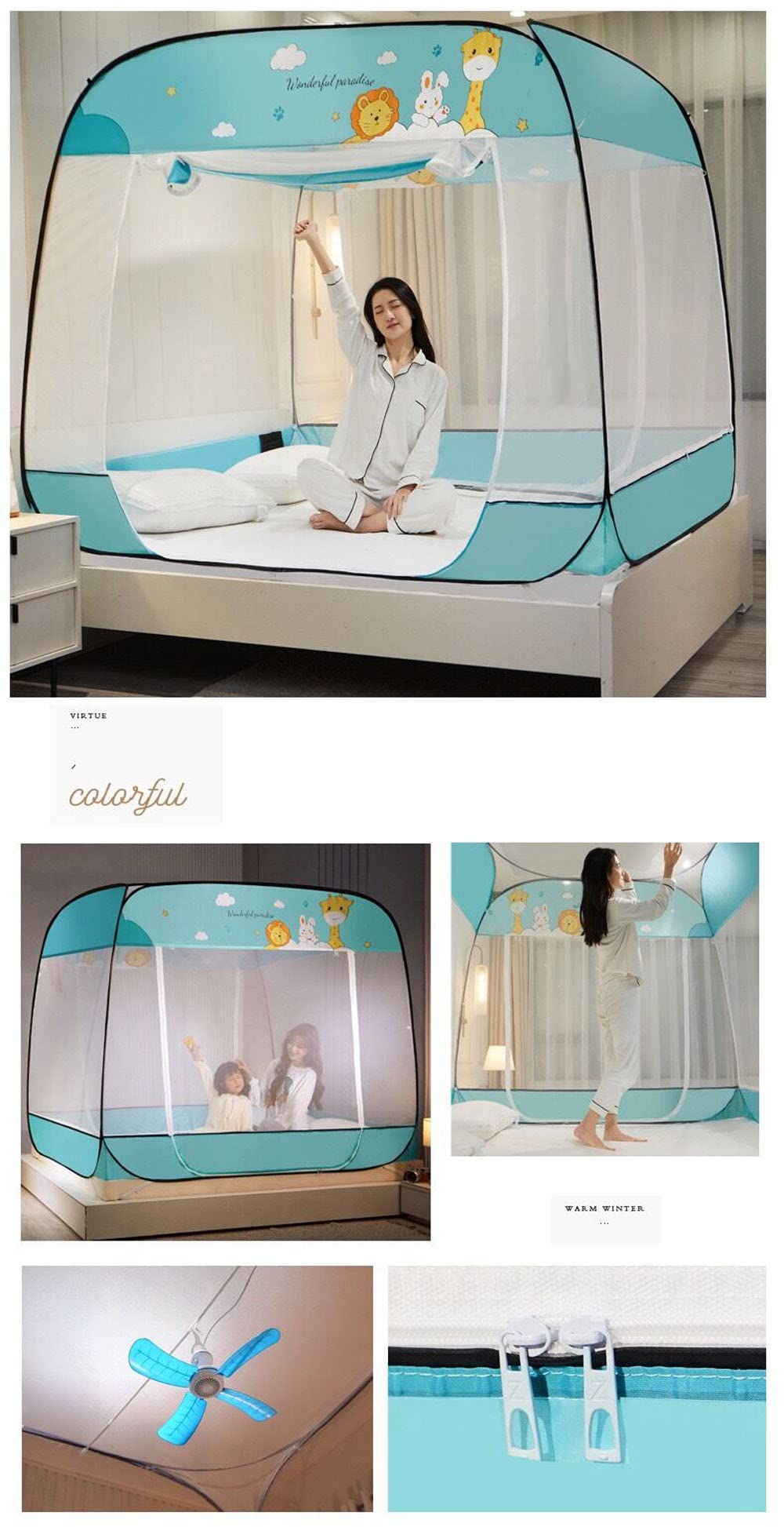 MRKU Mosquitera Plegable para yurta, mosquitera para Cama con Dosel, mosquitera portátil para Viajes, Cortina Plegable de Doble Puerta para Acampar.