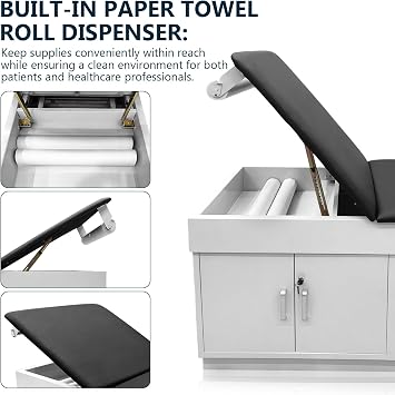 Medical Exam Table, Adjustable Exam Bed with Step Stool, Steel Cabinet, Stirrups & Paper Dispenser Included, 72 L x 31 H x 28 W (Black)