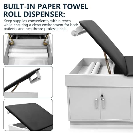 Medical Exam Table with Drawers, Built in Stool, Cabinet, Leg Rest & Paper Towel Dispenser - Adjustable Medical Treatment Table with Storage, 72 L x 31 H x 28 W