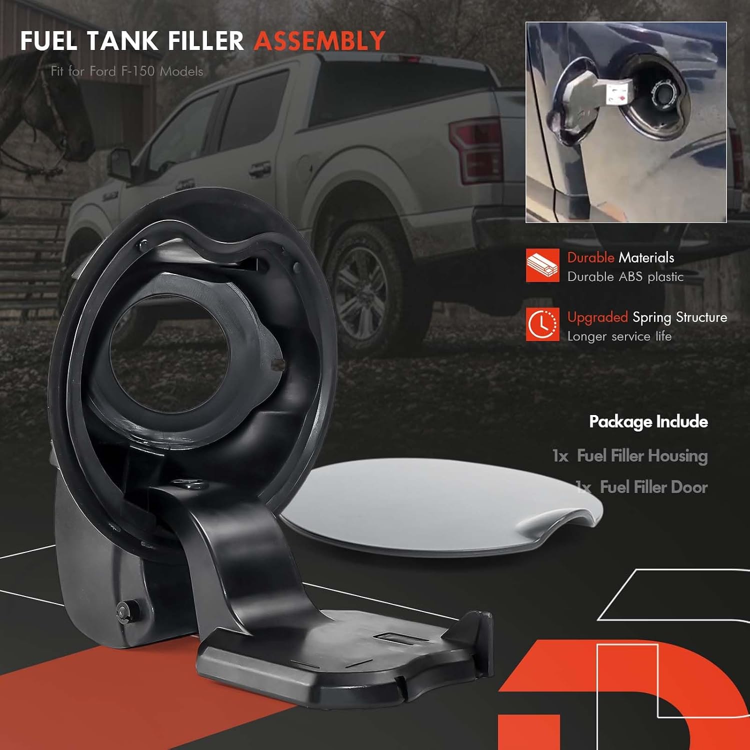FL3Z-9927936-A Fuel Tank Filler Pipe Housing with Cap Door & Hinge Fit for F150 2015-2020 GAS ENGINE MODEL - Tank Cap Assembly Replaces# FL3Z9927936A, FL3Z-99405A26-BPTM - Primed