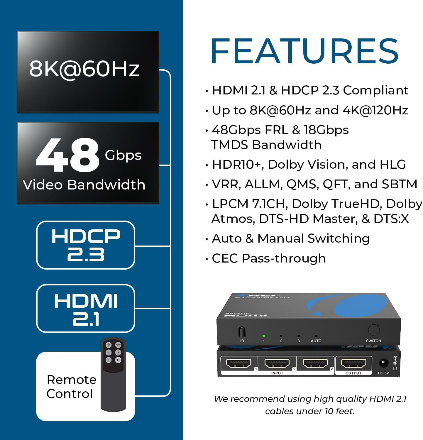 OREI 8K 3-Port HDMI 2.1 Switch, 3 Zoll 1-Out, 8K @ 60Hz, manueller & automatischer Schalter