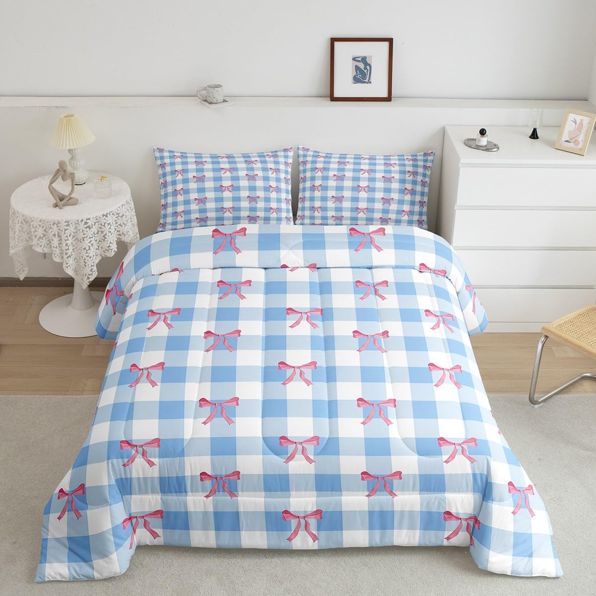 Castle Fairy Girly Bowknot Kids Comforter Set Toddler Size,Pink Bow Tie Princess Style Reversible Quilt Set for Boys Bedroom Decor,Blue White Checkered Duvet Insert,1 Pillowcase