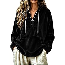 Velvet Hoodie for Women Button Detail Drawstring Pocket Loose Fit Casual Long Sleeve Pullover Sweatshirt