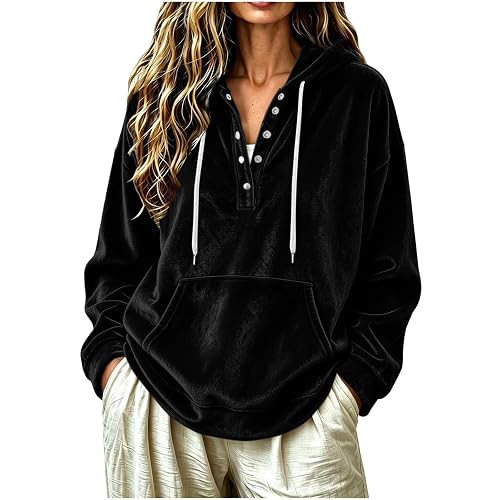Velvet Hoodie for Women Button Detail Drawstring Pocket Loose Fit