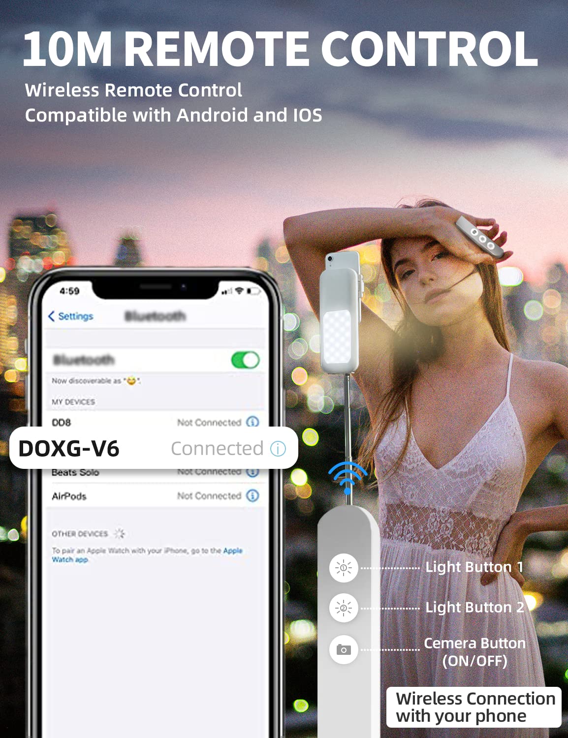 Supporto per selfie con rotazione a 360°, pieghevole, ricaricabile, senza fili, registrazione in testa con batteria da 1000 mAh, per live streaming, make up, YouTube, Tiktok, Vlog, 7 luci LED