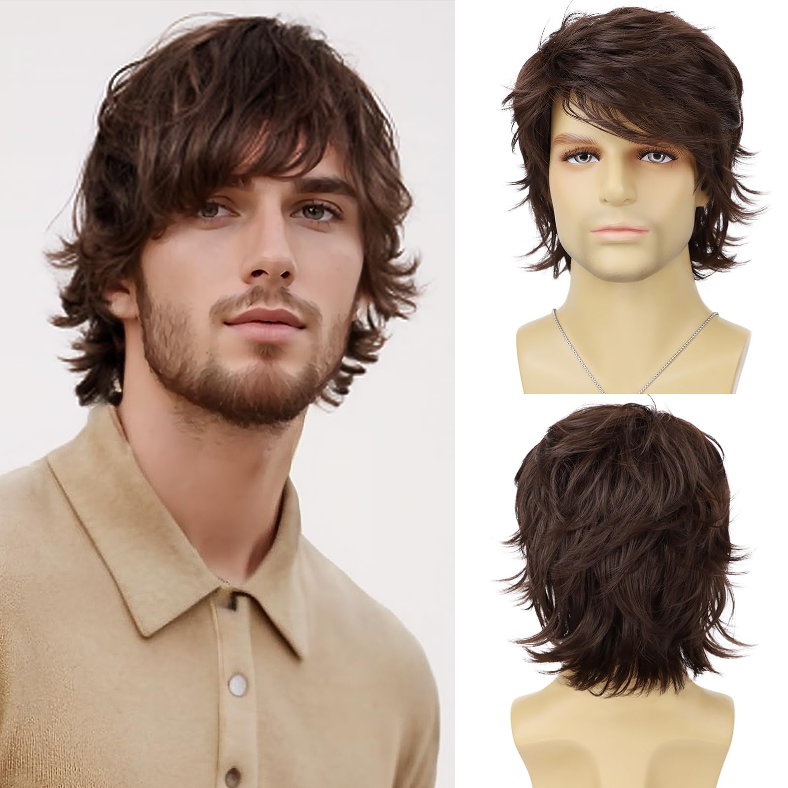 Mens Brown Wig Short Layered Natural Wavy Heat Resistant Synthetic Hair Wigs Male Guy Daily Party Halloween Costume Cosplay Wigs (Dark Brown)