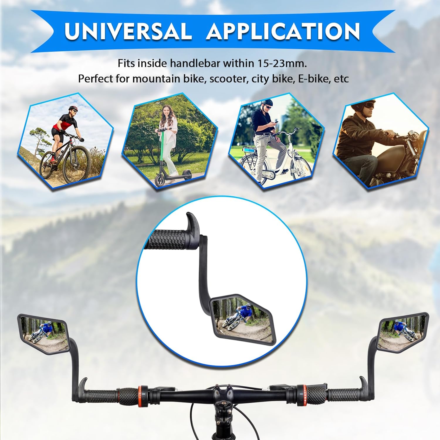 Bike Handlebar Bar End Rear View Mirror - Big Size 360° Adjustable HD Convex Glass Lens Rearview Side Mirrors for Mountain Bike Bicycle Scooter E-bike, 2 Pack