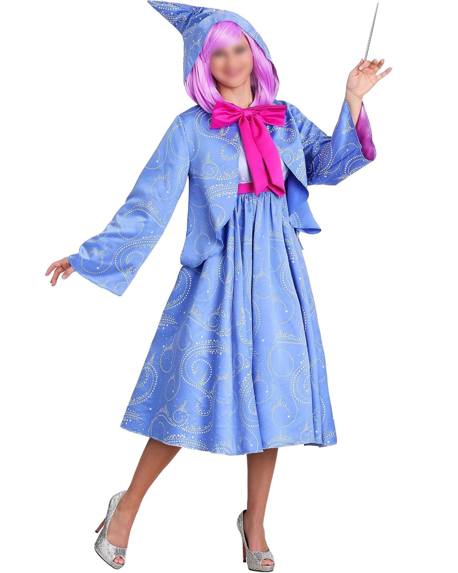 Kfsghdnz Women Halloween Fairy Godmother Cosplay Costume Deluxe Hooded Midi Dress Adult Carnival Party Fancy Dress Up Outfits (Blue A, XL)