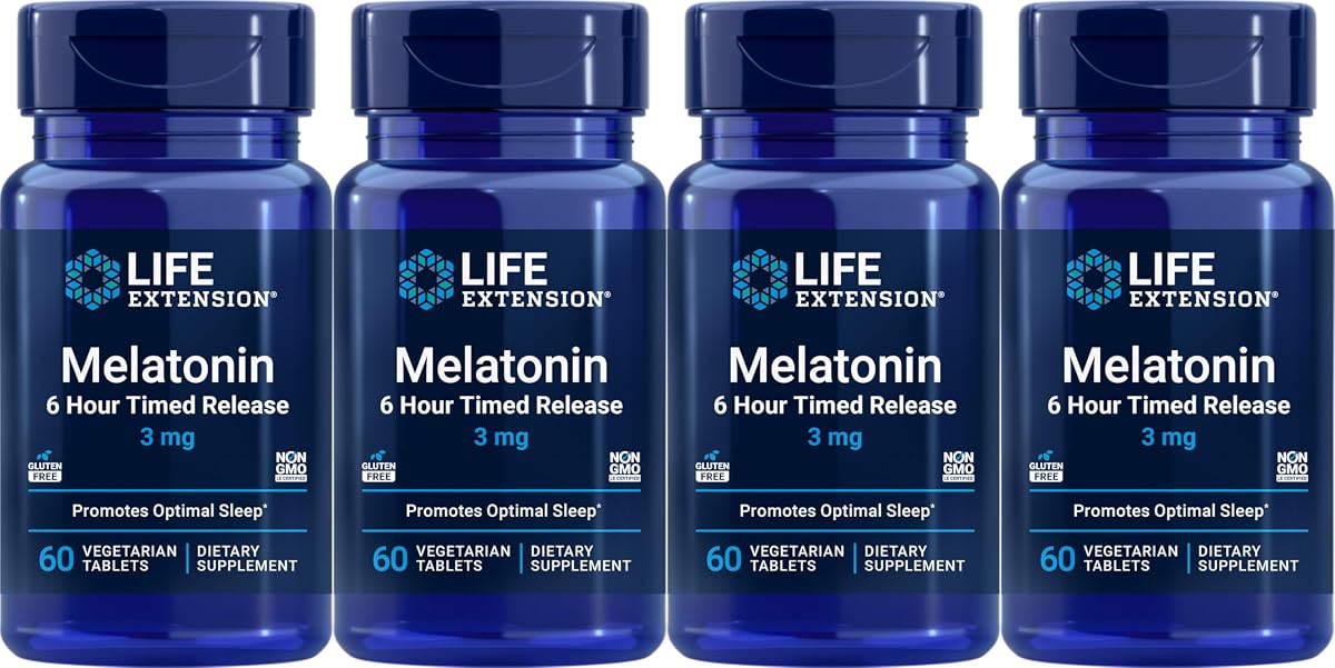 Life Extension Melatonin 6 Hour Timed Release 3 mg, 60 Vegetarian Tablets (Pack of 4)
