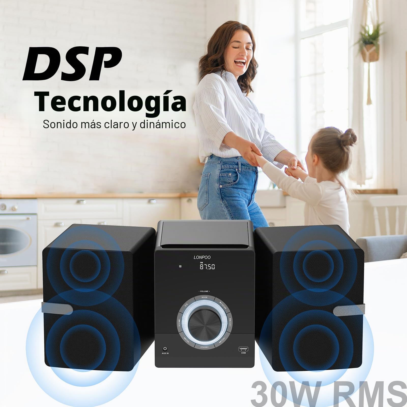 Sistema estéreo para casa Micro HiFi Compacto con Reproductor de CD, Bluetooth, Radio FM, USB, AUX-in, Pantalla LED y botón Grande, Mando a Distancia