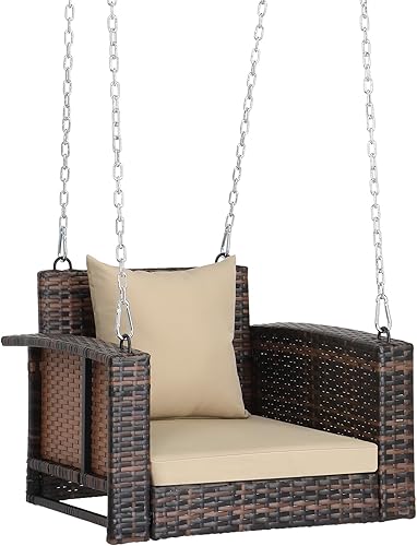 Miniatura 11 de Outvita Columpio para porche, columpio colgante de 5 pies para exteriores, columpio de mimbre para 3 personas, con cojín, almohada y cadena para