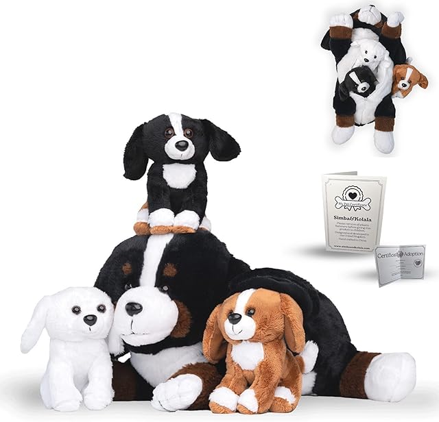 Simba&Kolala Bernese Dog Stuffed Animals with Babies Inside Belly Girls Boys Age 3+ Mommy Dog with 3 Puppies Cute Soft Plush Dog Toy for Kids Birthday