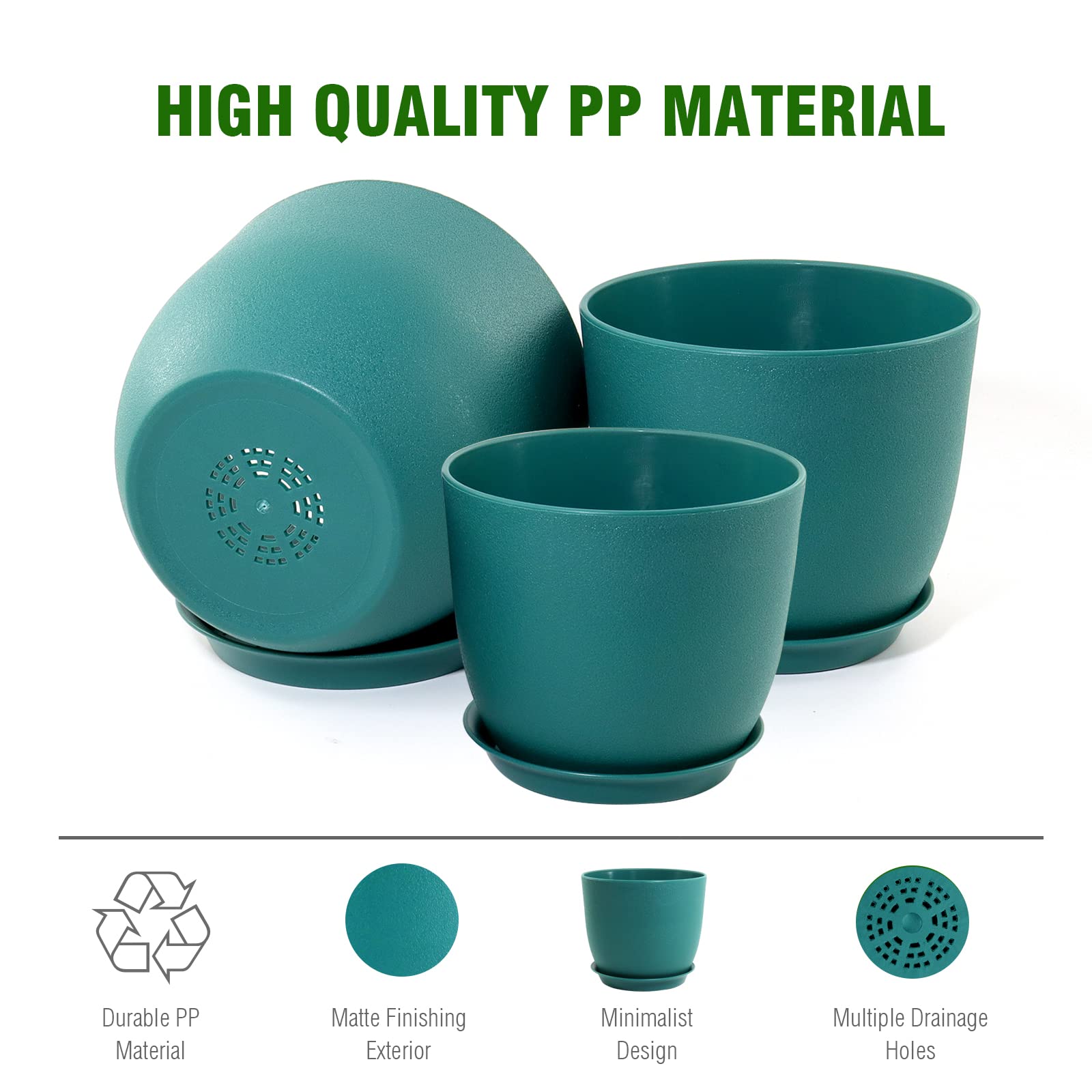 WOUSIWER Set di 3 vasi decorativi moderni in plastica con fori di drenaggio e sottovaso, per piante da appartamento, piante da interno, blu