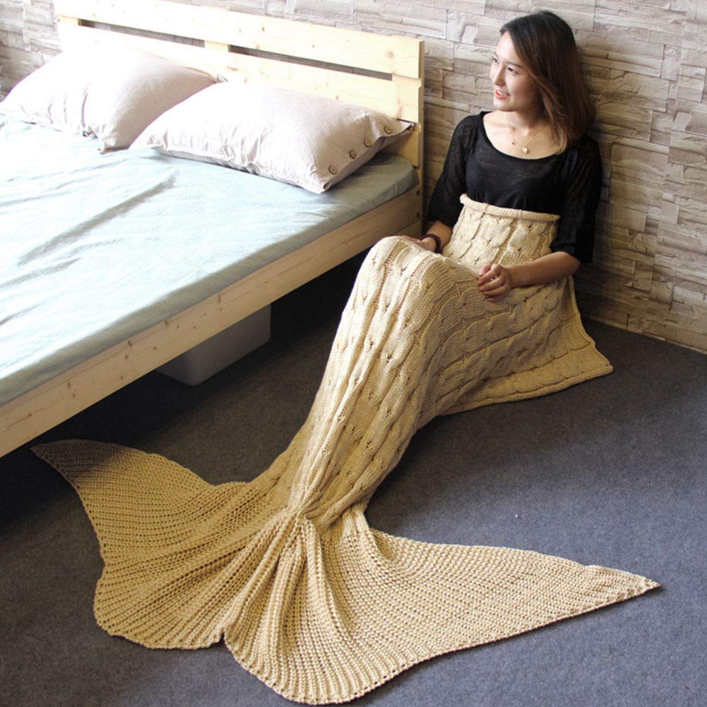 B-Creative Adult Kids Fish Scale Mermaid Tail Blanket Handmade Knit Sofa Crochet Quilt Rug (#1 / ONE SIZE)
