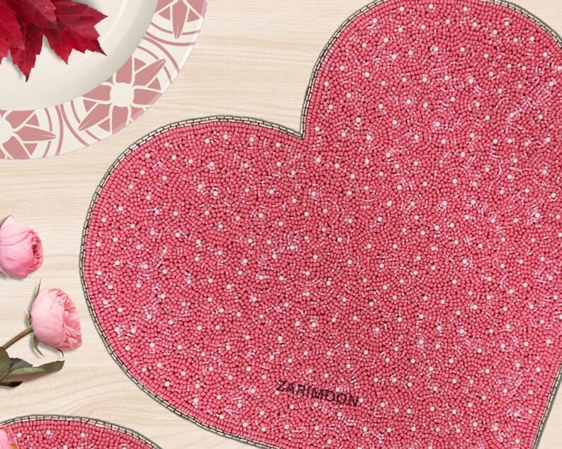 Set of 2/4/6 Valentine's Day Special Handmade Pink Beaded placemat, Charger, Heart Table mat, Centrepiece, Gift for her, Table Decor ZARIMOON image 2
