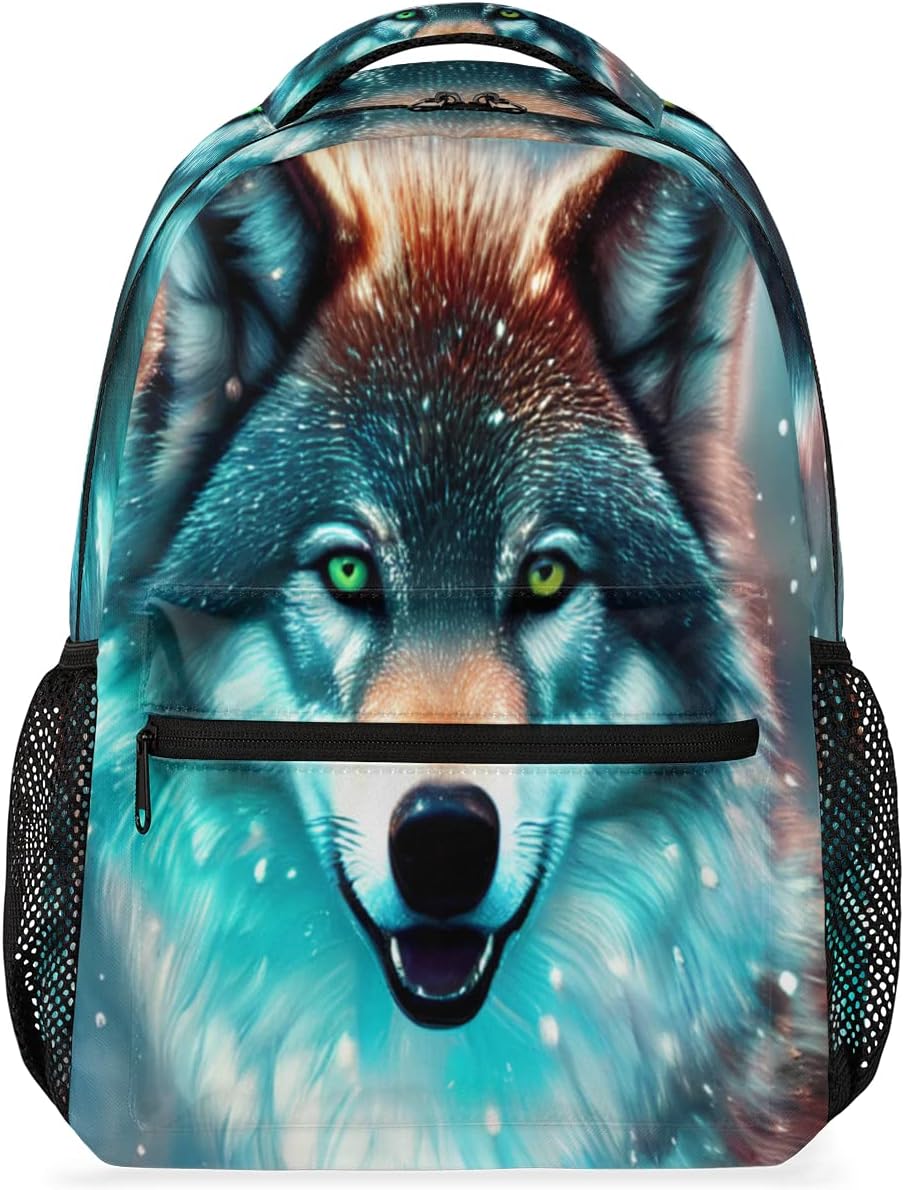 Cool Wolf Backpack for Girls Boys Kids Galaxy Animal 16inch Laptop Backpacks Lightweight Waterproof School Bookbag Travel Daypack Computer College Bag Gym Rucksack for Work School Women Men
