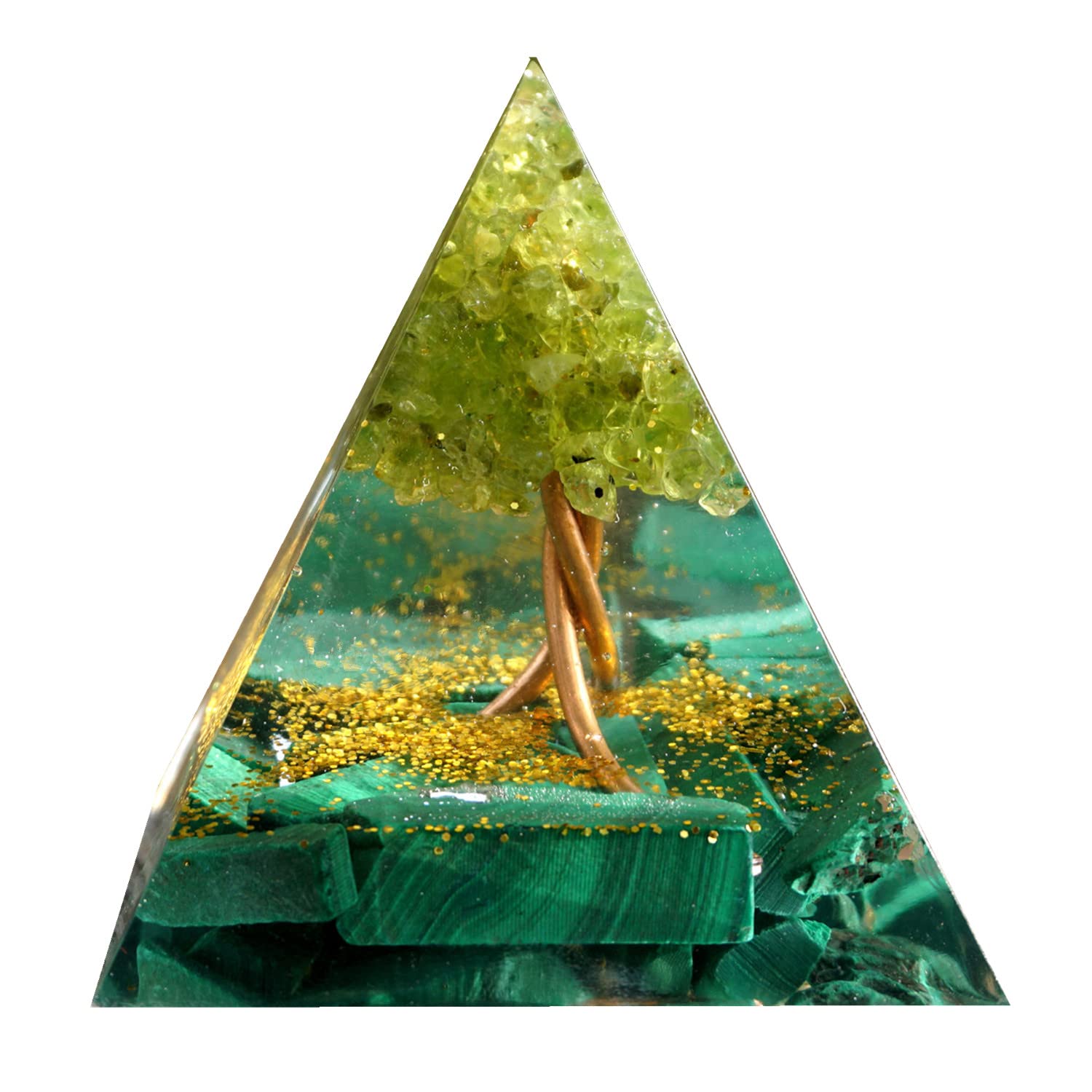 BesorgoneHandmade Tree Orgonite Pyramid Peridot with Malachite Stone Positive Reiki Energy Generator Crystal Healing Orgone Collection Wealth Meditation Tool