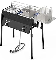Vista 1 de Freidora de propano de doble tanque, grado comercial, de alta capacidad, con características de seguridad, ideal para catering y eventos al aire