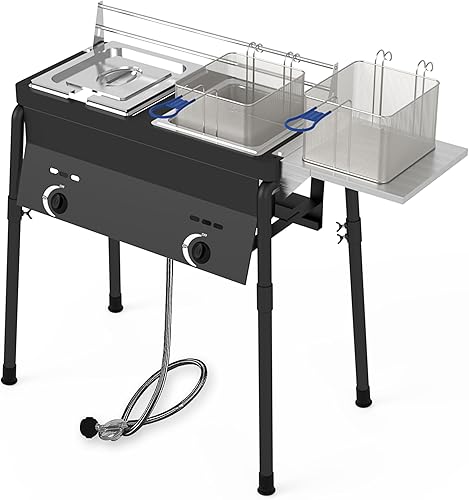 Freidora de propano de doble tanque, grado comercial, de alta capacidad, con características de seguridad, ideal para catering y eventos al aire